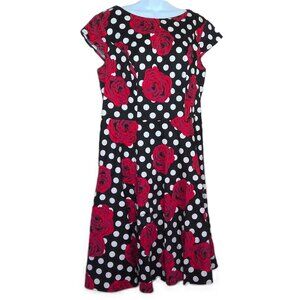 New Dressystar Dress Rose Floral & Polka Dot Red Black & White Stretch Plus 2XL